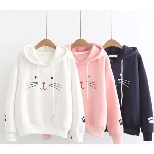 Harajuku Cartoon Kawaii Cat Sweatshirt Printing Long Sleeve Warm Hoodies Sweatshirts Casual Loose Women Winter Hooded Streetwear