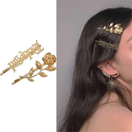New Fashion Gold Word Alloy Hairpin Geometric Letter Metal Barrettes Girls Rose Flower Hair Clip Headwear Women Hair Accessories