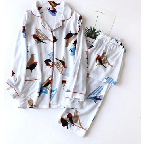 100% Viscose Women Pajama Casual Turn-down Collar Long Sleeve Sleepwear Vintage Printed Pockets Summer Pyjama Femme