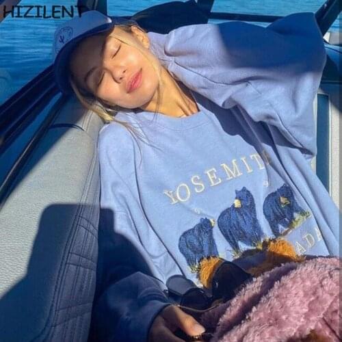 Y2K Bear print Women OverSized hoodie Harajuku Grunge Korean Kawaii long-sleeved Sweatshirt coat vintage Aesthetic student top