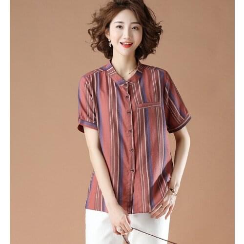 Plus Size Women Summer Cotton Casual Shirts New Arrival 2021 Vintage Stand Collar Striped Loose Ladies Short Sleeve Tops B101