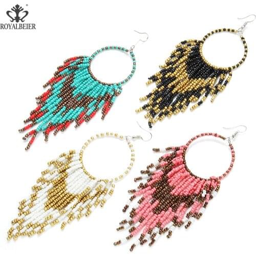ROYALBEIER Handmade Bohemian Multicolor Beads Tassel Earrings Boho Ear Vintage Jewelry For Women Long Big Statement Earrings