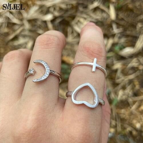 Vintage Crescent Geometric Joint Rings for Women Crystal Personality Design Finger Ring Smooth Cross Jewelry Gift Anel feminino