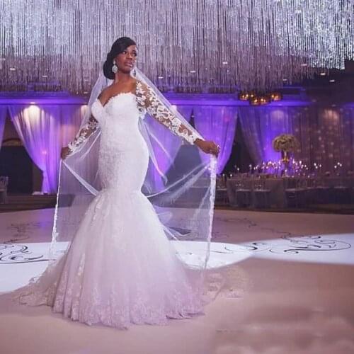 Plus Size Long Sleeves Lace Mermaid Wedding Dresses 2019 with Sequins Appliques Off Shoulder Sweep Train Wedding Bridal Gowns