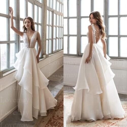 Sexy Chiffon Ruffles A line Wedding Dresses 2021 Beaded Deep V Neck Sleeveless Bridal Pleated Gowns Vestidos De Novia Backless