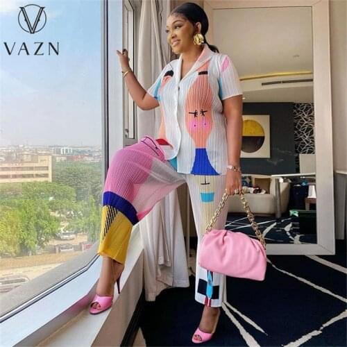 VAZN 2021 Chiffon Fresh Nature Young Overalls High-end Lazy Short Sleeve Shirt Top Long Wide Leg Pants Slim Women 2PCs Set