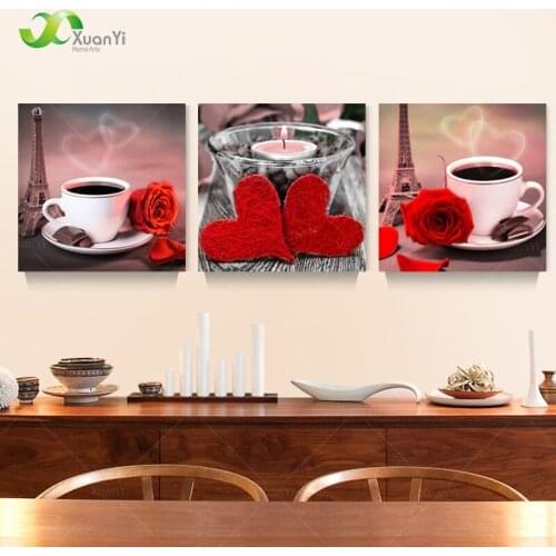 3 Panel Coffee Flower Rose Painting Prints And Poster On Canvas Home Cuadros Decoration Still Life For Kitchen Dinning Unframed