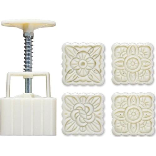 4pcs Square Hand Press Stamp Moon Cake Decor Barrel Mooncake Mold 100g Pastry DIY Tool