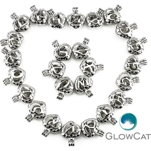 5pcs/lot Silver 26 Letter Heart Shape Cage Pendant Pearl Locket Fairytale Party Essential Oil Diffuser Beauty Gift