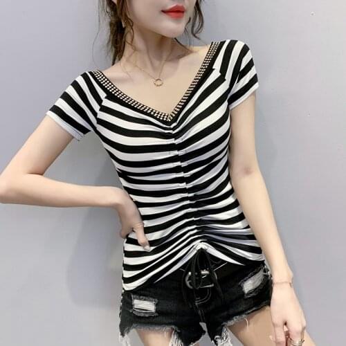 #5979 Short Sleeve T Shirt Women V Neck Rivet Sexy T Shirts Female Front Drawstring Tight Streetwear Tshirt Cotton Summer Tops