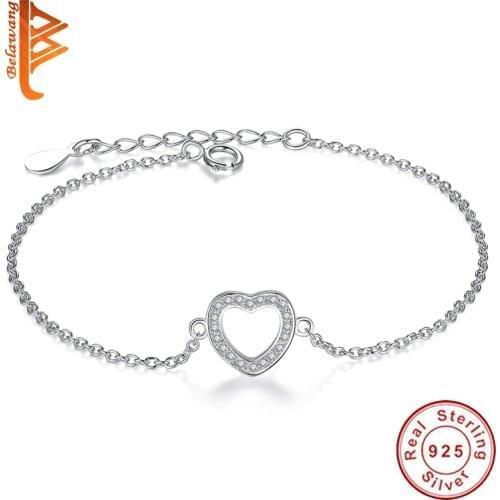 BELAWANG Authentic 100% 925 Sterling Silver Bracelets For Women CZ Crystal Love Heart Charm Bracelets Wedding Jewelry Gift