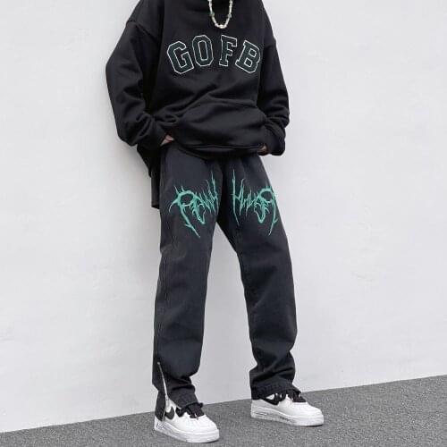 High Street Embroidered Jeans Black Japanese Harajuku Fashion Straight Loose Hiphop Streetwear Pants Mens Zipper Retro Trousers