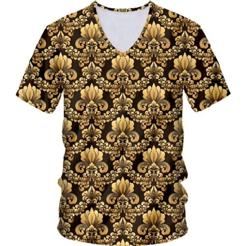 IFPD Oversized T Shirt Men Golden Pattern 3D Print V-Neck T-shirts Summer Homme Short Sleeve Luxury Royal Baroque Mens Clothes