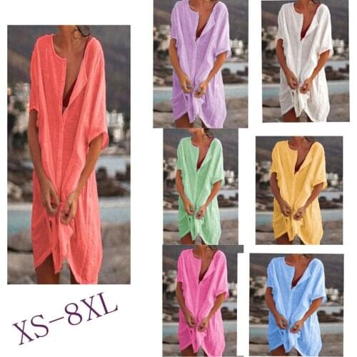 Hot Selling Women Mid-Length Loose Solid Color Cotton and Linen Short-Sleeved Shirt Womens Tops and Blouses Plus Size XS-8XL