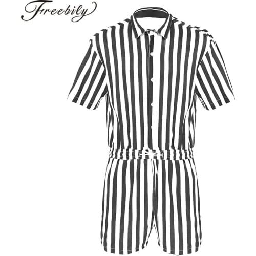 Man Summer Shirt Jumpsuits Short Sleeves Stripes Elastic Waist Drawstring Shorts Jumpsuit Bodysuit Sport Workout Gym Casual Wear
