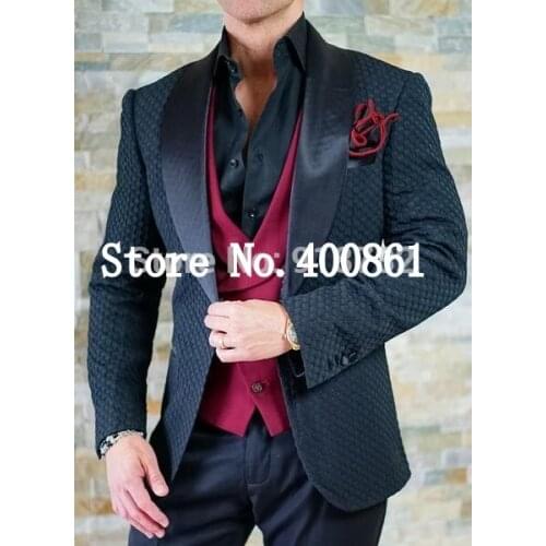 Handsome One Button Black Embossing Groom Tuxedos Groomsmen Shawl Lapel Mens Suits Blazers (Jacket+Pants+Vest+Tie) W:1215