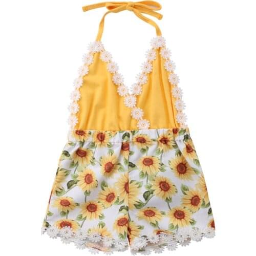 Cute Toddler Kids Baby Girls Lace Sunflower Romper Summer V-Neck Halter Sunsuit Outfits Set Best Seller Playsuit