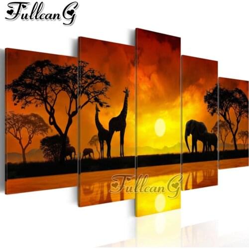 FULLCANG 5 piece diy diamond painting african sunset animals full square/round mosaic embroidery sale giraffe elephant FC2282