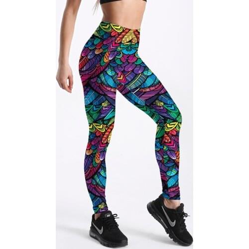 Summer New Arriaval Color Feathers 3D Printed Women Sexy Fitness Activewear Elastic Mid Waist Trousers Drop Shipping