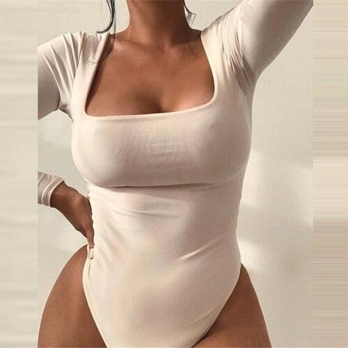 Square Collar Long Sleeve Bodycon Bodysuit For Women Autumn White Women Bodysuit Winter Casual Body Female Top Black Sexy top