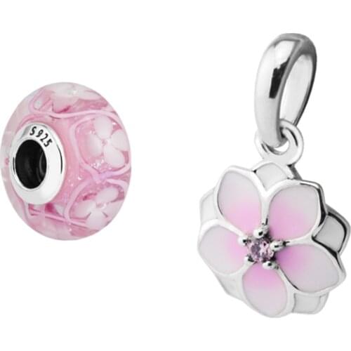 Pink Flower Glass Charms Set Sterling Silver Jewelry DIY Woman Fashion Beads For Jewelry Making Fits Original Bracelets
