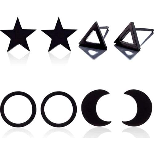 4 Pack Stainless Steel Geometric Studded Earring Set Black Stud Earrings for Men Women Punk Jewelry