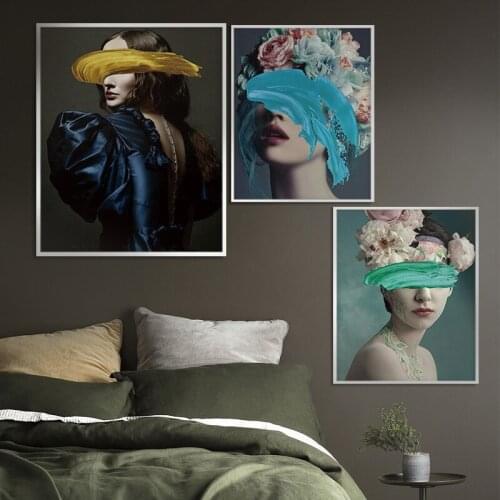 Nordic Floral Flower Woman Blue Gold Cover Eyes Cuadros Abstract Canvas Painting Wall Art Canvas Poster Print Picture Home Decor