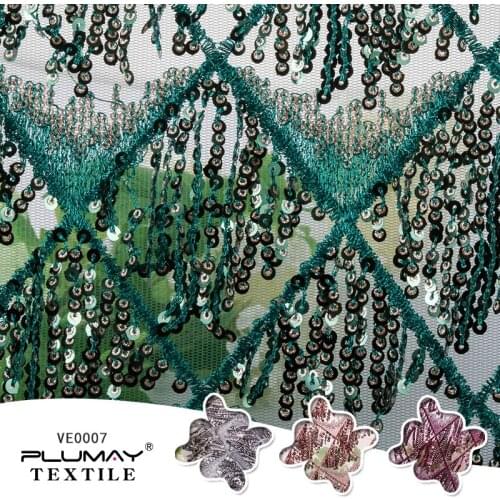 100%Polyester 3+5mm stretch lace tassel sequin embroidered fabric for garment by half(1/2) yard