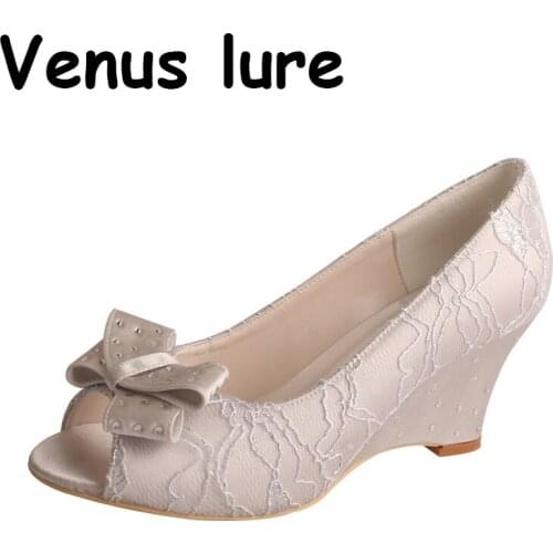 Grey Wedge Heels for Women Shoes Wedding and Evening Peep Toe