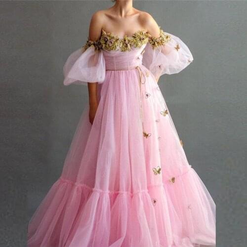 Off the Shoulder Floral Appliques Tulle Pink Prom Dresses With 1/2 Sleeves Long Formal Dress Evening Party Gowns