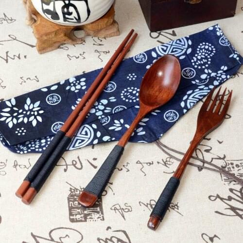 Japanese Vintage Wooden Chopsticks Spoon Fork Tableware 3pcs Set New Gift Zero waste eco friendly kitchen Ware Set drop shipping