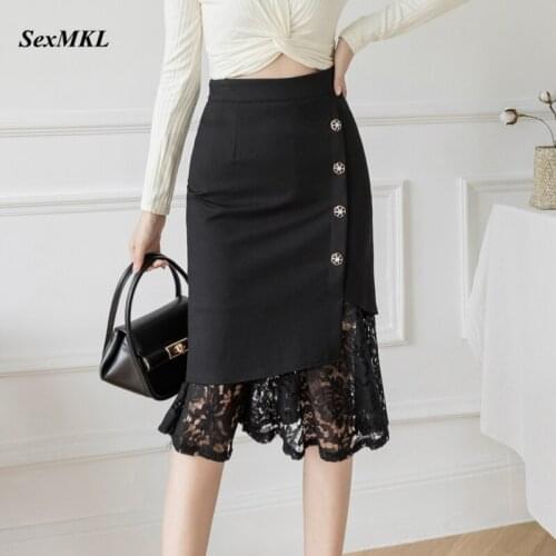 Plus Size Lace Patchwork Office Skirts Women 2021 Fashion High Waist Bodycon Black Skirt Elegant Korean Midi Sexy Pencil Skirt