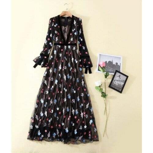 Womens European and American wear 2021 summer new style Long sleeve lace gauze flower embroidery Fashionable black dress