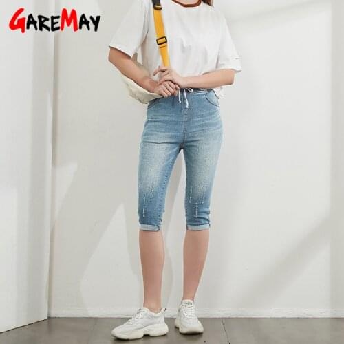 GareMay Womens Summer Breeches Fashion Girls Denim Jeans High Waist Knee Length High Waist Large Size Tight Stretch Capri Pants