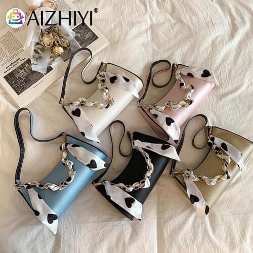 Ladies Casual PU Leather Small Purse Handbags Fashion Women Silk Scarf Soild Color Chain Shoulder Underarm Bag
