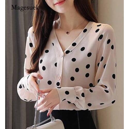 2020 Autumn Women Cardigan Blouse V-neck Polka Dot Chiffon Tops Office Lady Long Sleeve Button Shirts Blusas Mujer 10781