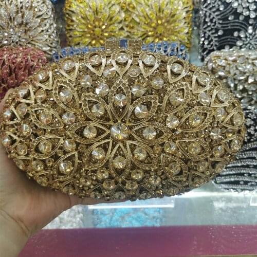 Oval Shape Gold Rhinestone Women Phone Clutch New Fashion Female Diamond Floral Diamond Crystal Shoulder Handbags Party Bags