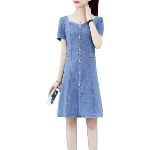 New Summer Women Jeans Denim Dresses Short Sleeves Loose A-Word Dresses Plus Sizes V-Neck Solid Color Vintage Denim Dress Female