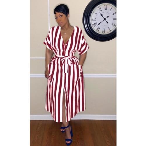 S-XL Womens Short Sleeve Striped Casual Flowy Midi Belt Dress with Pockets