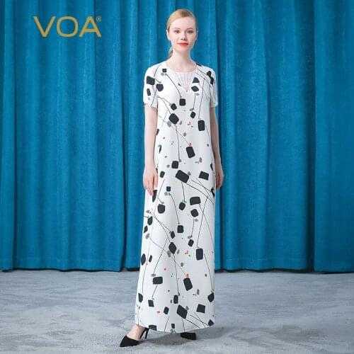 VOA Silk White Chinese Ink Printing O-Neck Summer Womens Dress 2021 AE788 Elegant Bright Line Decoration Loose Harajuku Dresses