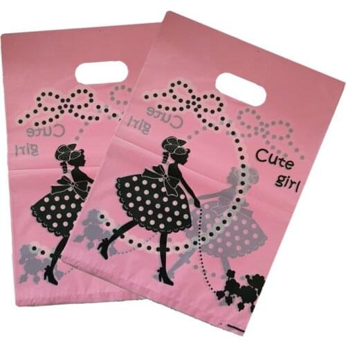 100pcs/lot Cute Girl Print Pink Plastic Gift Bag 25x35cm Clothes Jewelry Packaging Bags Big Plastic Shopping Bags With Handle