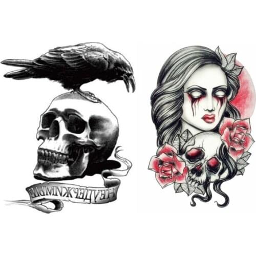 2 pcs/set Tattoo Dangerous Sexy Skull + Scary Lady Tattoo Girl Waterproof Temporary Tattoo Stickers