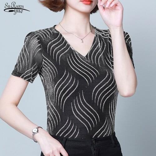 2021 Summer Short Sleeve Thin T-shirt Women Casual Elastic V Neck Women Tops Fashion Striped Female T-shirt Chemise Femme 14085