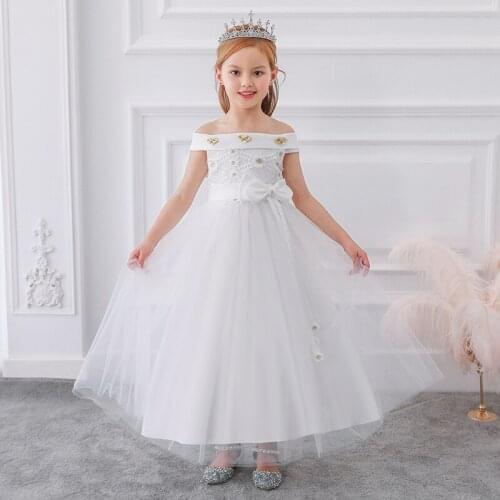 2020 Winter Shoulderless White Bridesmaid Evening Dress For Girls Princess Girl Kids Children Dresses Lace Party Wedding Dress