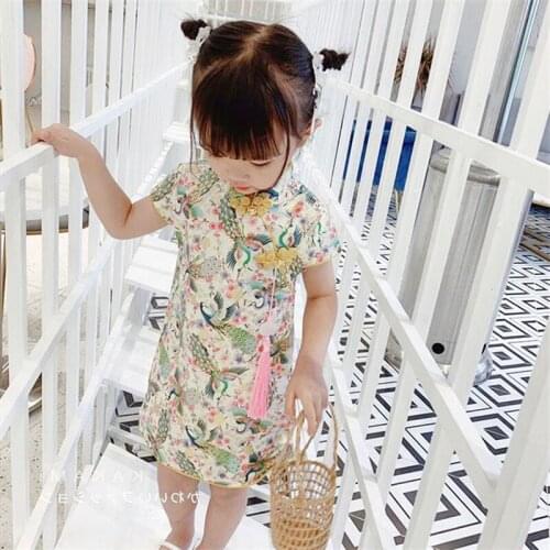 2021 Summer Cheongsam Princess Dress Floral Baby Girl Wedding Party Dresses Children Chinese Traditional Costume Qipao Outfits