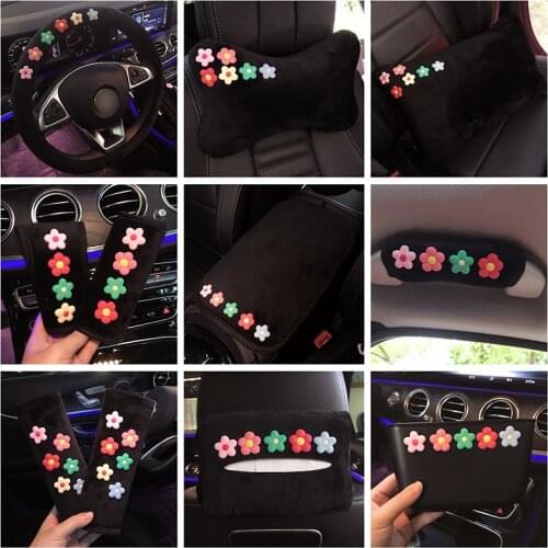 Car Steering Wheel Cover Winter Plush Daisy Flower Car Seat Belt Cover Universal Cartoon Armrest Cover Car Styling Girls Women