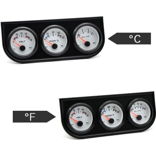 Water Temp Celsius/Fahrenheit Oil Pressure PSI/KG Volt Gauge 52mm 3 in 1 Triple Gauge Kit Black Bezel White Face With Sensor