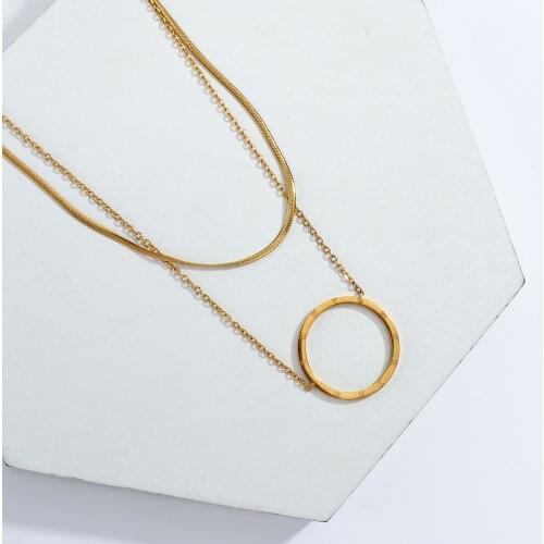 Lifefontier Double Layer Gold Color Stainless Steel Chain Necklace Big Round Circle Pendant Choker Necklace for Women Jewelry