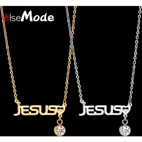 ELSEMODE Christian JESUS Letter CZ Stone Heart Pendant Necklace For Women Girl Easter Days 316 L Stainless Steel Jewelry