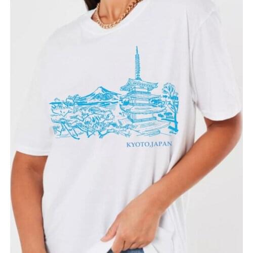 Japanese Style Vintage Kyoto Graphic T-Shirts Summer Harajuku Streetwear Tees White Loose Women Tshirt Aesthetic Cute Tops